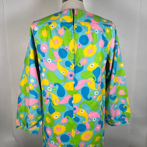 Vintage Women's Colorful Printed House Coat Midi Dress S Long Sleeve Novelty - Picture 6 of 7